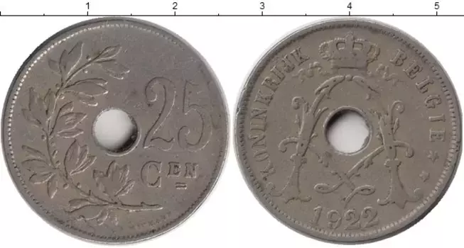 Монета 25 сантим Бельгии 1922 года Медно-никель