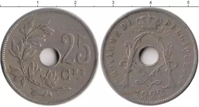 Монета 25 сантим Бельгии 1922 года Медно-никель