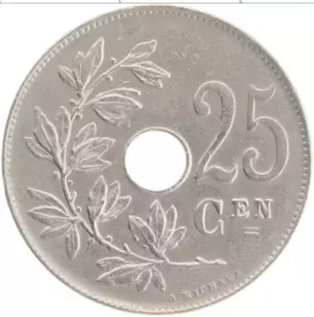 Монета 25 сантим Бельгии 1922 года Медно-никель Альберт