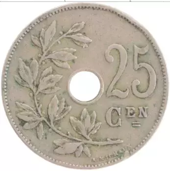Монета 25 сантим Бельгии 1927 года Медно-никель Альберт I