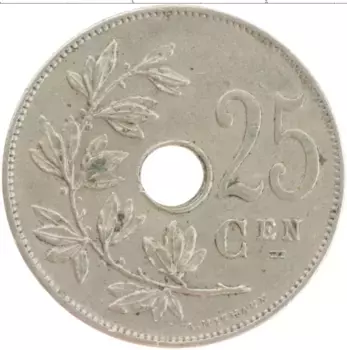 Монета 25 сантим Бельгии 1928 года Медно-никель