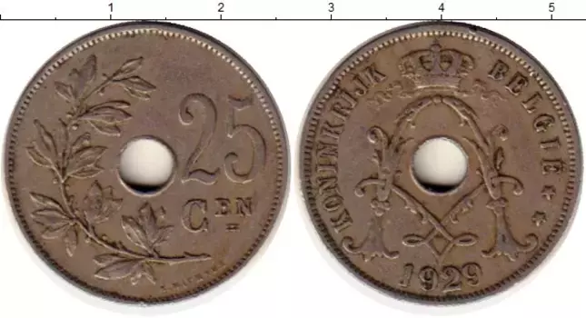 Монета 25 сантим Бельгии 1929 года Медно-никель