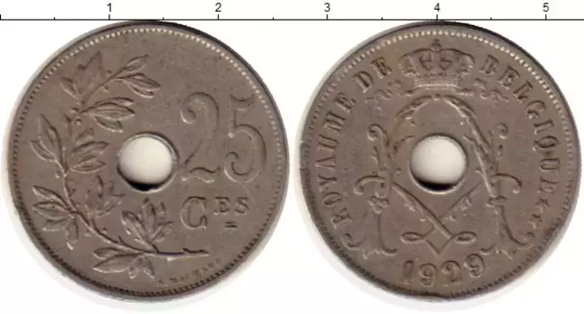 Монета 25 сантим Бельгии 1929 года Медно-никель