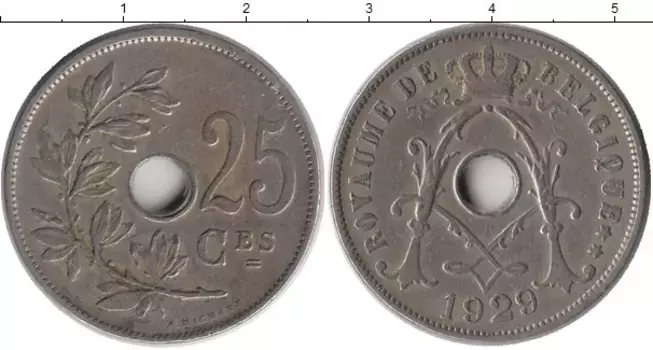 Монета 25 сантим Бельгии 1929 года Медно-никель