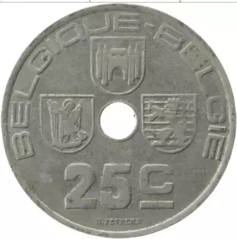 Монета 25 сантим Бельгии 1938 года Медно-никель