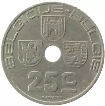 Монета 25 сантим Бельгии 1938 года Медно-никель