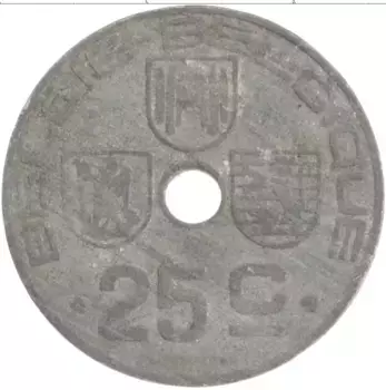 Монета 25 сантим Бельгии 1943 года Цинк Леопольд III
