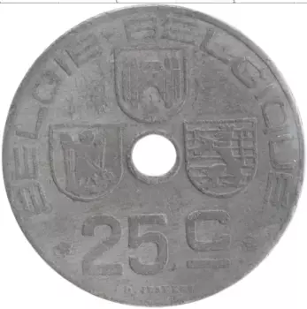 Монета 25 сантим Бельгии 1944 года Цинк