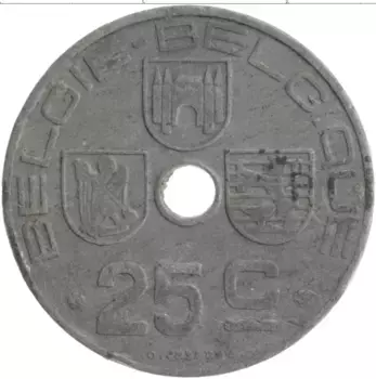 Монета 25 сантим Бельгии 1944 года Цинк