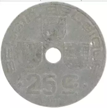 Монета 25 сантим Бельгии 1945 года Цинк Леопольд III