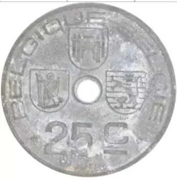 Монета 25 сантим Бельгии 1946 года Цинк Леопольд III