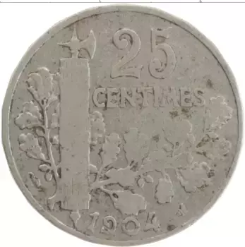 Монета 25 сантим Франции 1904 года Медно-никель