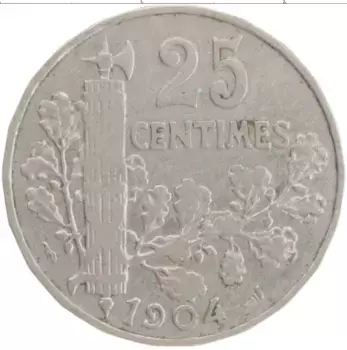 Монета 25 сантим Франции 1904 года Медно-никель