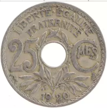 Монета 25 сантим Франции 1920 года Медно-никель