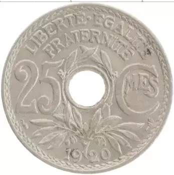 Монета 25 сантим Франции 1920 года Медно-никель