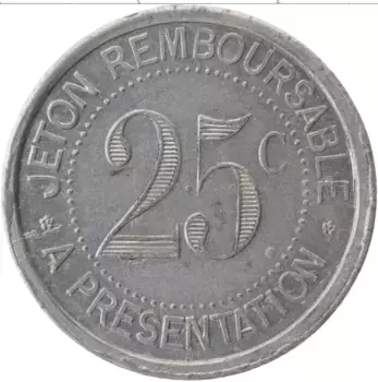 Монета 25 сантим Франции 1921 года Алюминий Токен, Эрау
