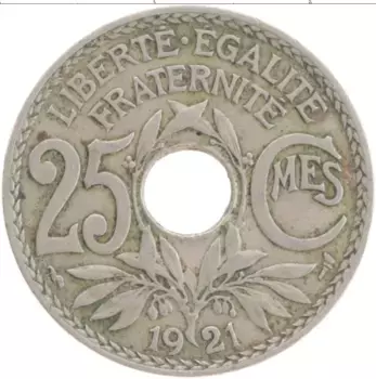 Монета 25 сантим Франции 1921 года Медно-никель