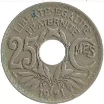 Монета 25 сантим Франции 1921 года Медно-никель