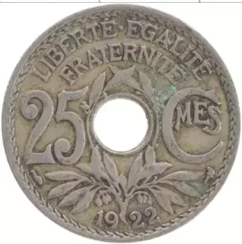 Монета 25 сантим Франции 1922 года Медно-никель