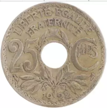 Монета 25 сантим Франции 1922 года Медно-никель