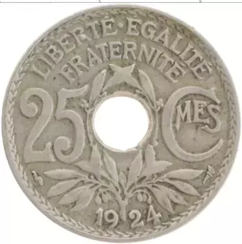 Монета 25 сантим Франции 1924 года Медно-никель