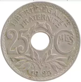Монета 25 сантим Франции 1925 года Медно-никель