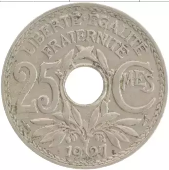 Монета 25 сантим Франции 1927 года Медно-никель