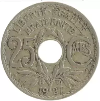 Монета 25 сантим Франции 1927 года Медно-никель