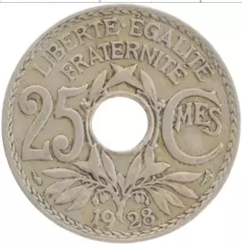 Монета 25 сантим Франции 1928 года Медно-никель