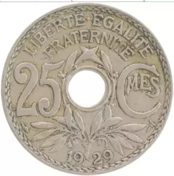 Монета 25 сантим Франции 1929 года Медно-никель