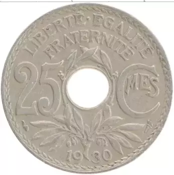 Монета 25 сантим Франции 1930 года Медно-никель