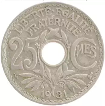 Монета 25 сантим Франции 1931 года Медно-никель