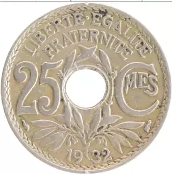 Монета 25 сантим Франции 1932 года Медно-никель