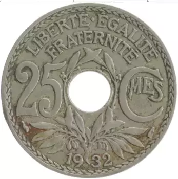 Монета 25 сантим Франции 1932 года Медно-никель
