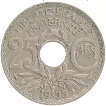 Монета 25 сантим Франции 1933 года Медно-никель