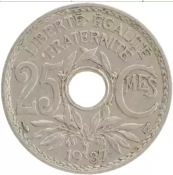 Монета 25 сантим Франции 1937 года Медно-никель