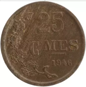 Монета 25 сантим Люксембурга 1946 года Бронза