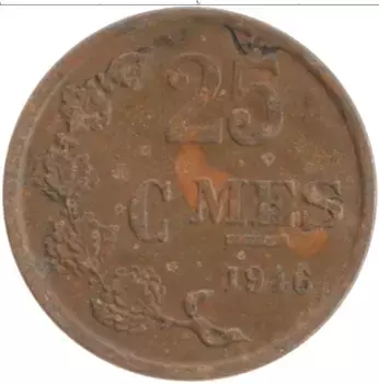 Монета 25 сантим Люксембурга 1946 года Бронза