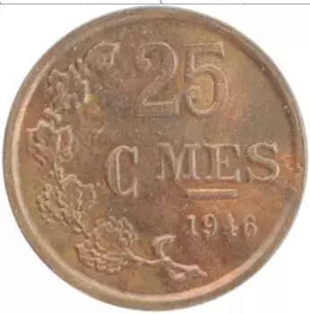 Монета 25 сантим Люксембурга 1946 года Бронза