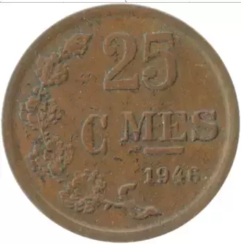 Монета 25 сантим Люксембурга 1946 года Медь Шарлотта