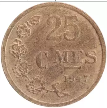 Монета 25 сантим Люксембурга 1947 года Бронза