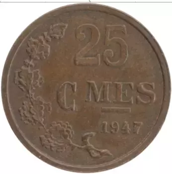 Монета 25 сантим Люксембурга 1947 года Бронза