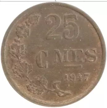 Монета 25 сантим Люксембурга 1947 года Бронза