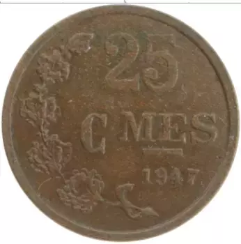 Монета 25 сантим Люксембурга 1947 года Бронза