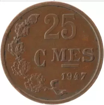Монета 25 сантим Люксембурга 1947 года Бронза