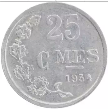 Монета 25 сантим Люксембурга 1954 года Алюминий