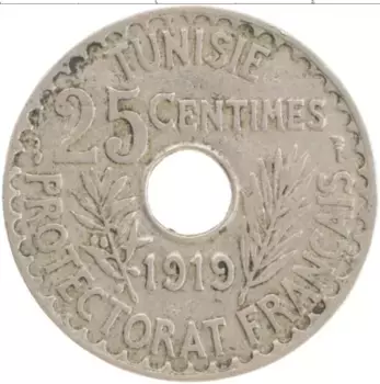 Монета 25 сантим Туниса 1919 года Медно-никель