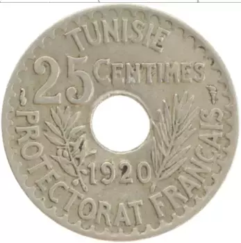 Монета 25 сантим Туниса 1920 года Медно-никель