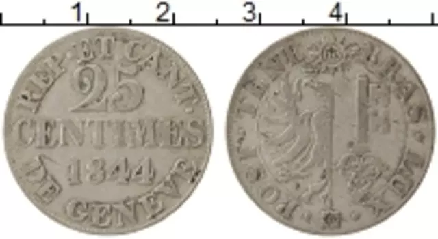 Монета 25 сантим Женевы 1844 года Серебро