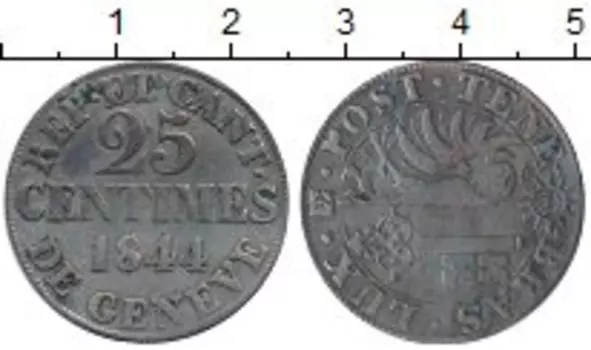 Монета 25 сантим Женевы 1844 года Серебро